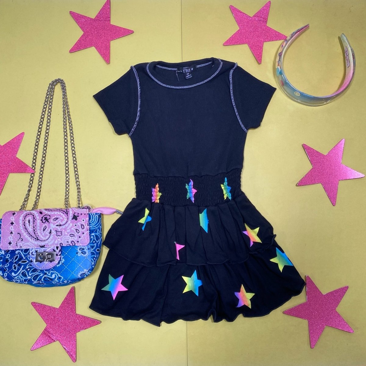 RAINBOW STARS RUFFLE SHORT SLEEVE DRESS - DRESSES