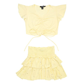 RUCHED CROP TOP AND RUFFLE CRYSTAL STONE SKIRT SET - SET