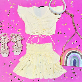 RUCHED CROP TOP AND RUFFLE CRYSTAL STONE SKIRT SET - SET
