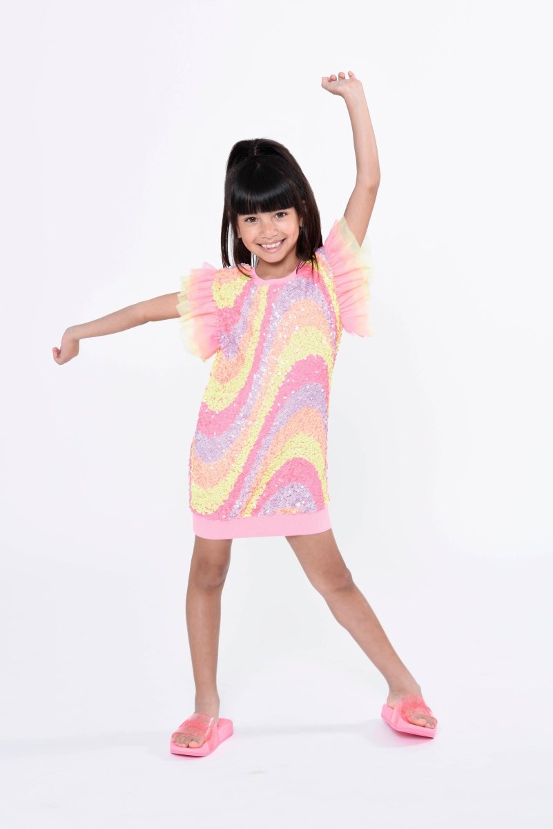 SEQUIN SWIRL TULLE SLEEVE DRESS - DRESSES