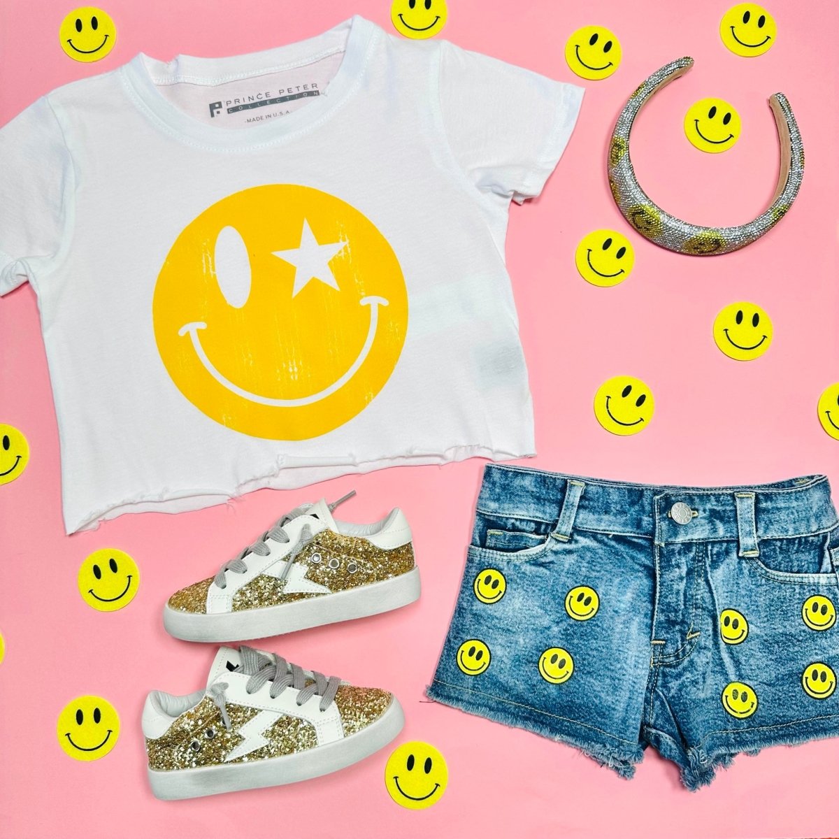 SMILEY FACE DENIM SHORTS - FLOWERS BY ZOE
