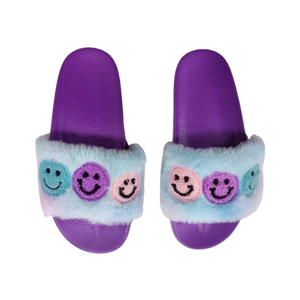 SMILEY FACE FUZZY SLIDES - SANDALS