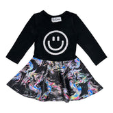 SMILEY FACE HOLOGRAPHIC MARBLE RUFFLE LONG SLEEVE DRESS - DORI CREATIONS
