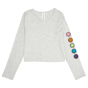 SMILEY FACE RIBBED LONG SLEEVE TSHIRT - MALIBU SUGAR