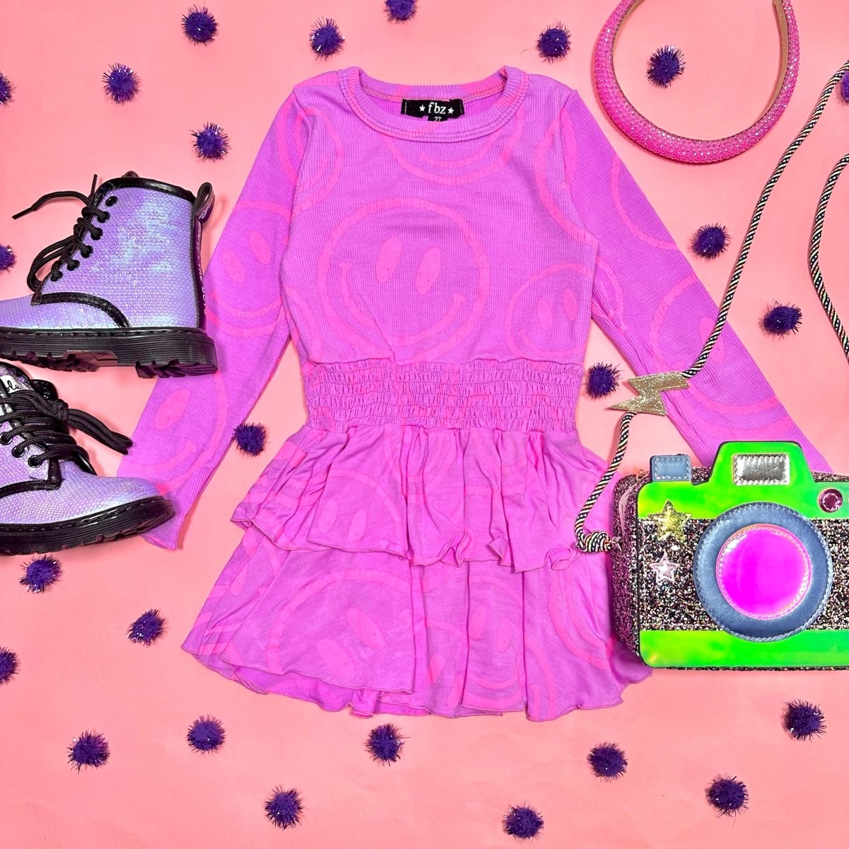 SMILEY FACE RUFFLE DRESS - FLOWERS BY ZOE