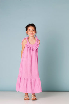 SOLID RUFFLE NECK LINEN MAXI DRESS - DRESSES
